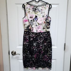 Maggy London Multicolor Watercolor Lace Overlay Sleeveless Shift Dress